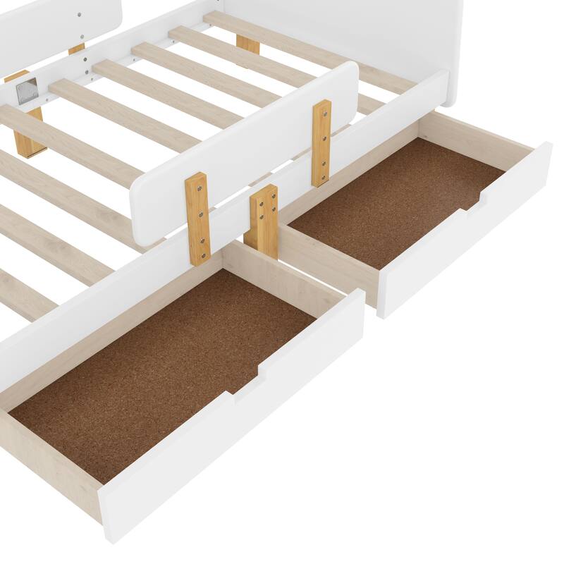 Low Profile Solid Wood Platform Bed Frame with Storage Drawers, Guardrails and Headboard, Footboard with Small Shelf and Hooks