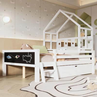 House Bed with Ladder and Storage Drawers,No Box Spring Needed