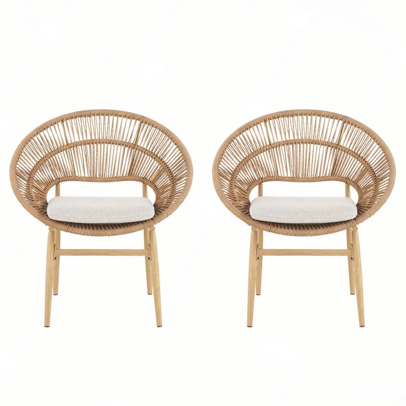Outdoor Wicker Papasan Style Dining Chair with Beige Cushion, Set of 2