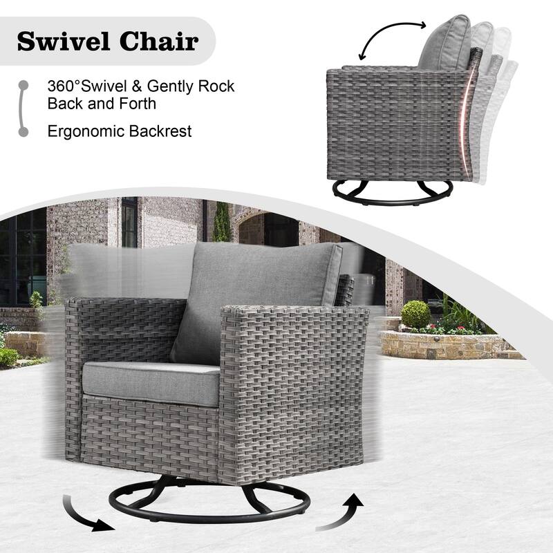 HOOOWOOO 9-piece Grey Wicker Patio Outdoor Sectional Set with Swivel Rocking Chair