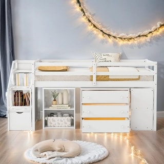 Artsy Full Size Loft Bed with Retractable Writing Desk and 3 Drawers, Wooden Loft Bed with Storage Stairs and Shelves, White