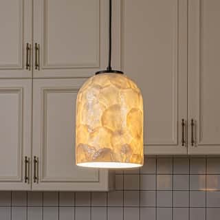 1-Light 7'' Modern Farmhouse Natural Capiz Seashell Single Pendant Light Coastal Cylinder Hanging Light For Kitchen - W7''