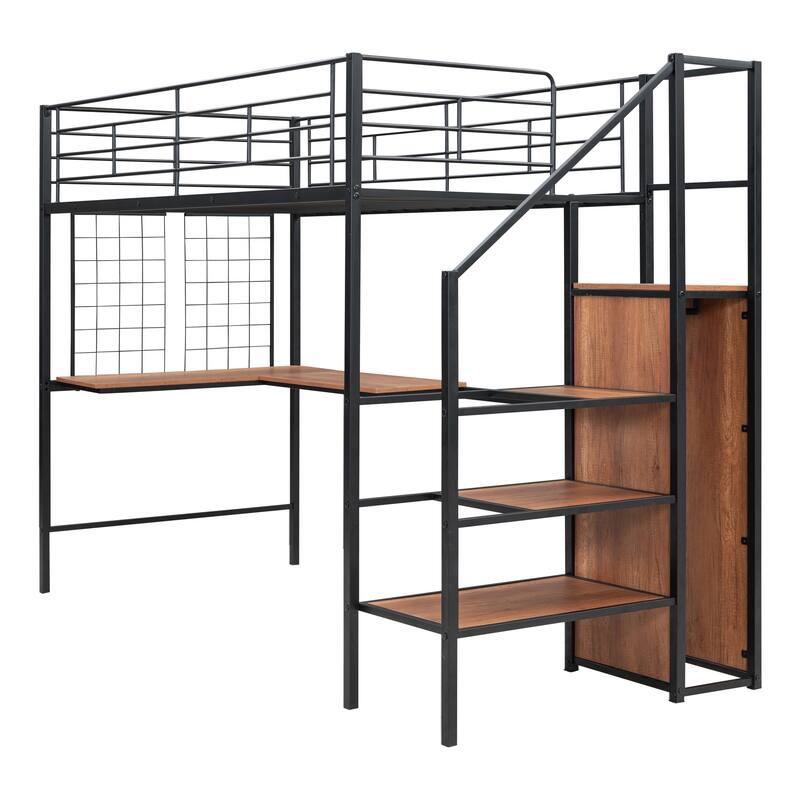 Twin Metal Loft Bed with L-Shaped Desk, Shelves, and Wardrobe Storage