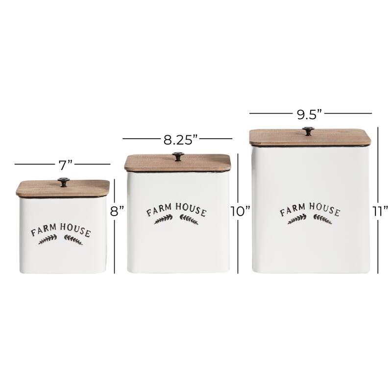 Metal Farm House Canisters with Wood Lids and Black Accents - Set of 3 White - Roche River Decor - 7"W x 10"L x 11"H