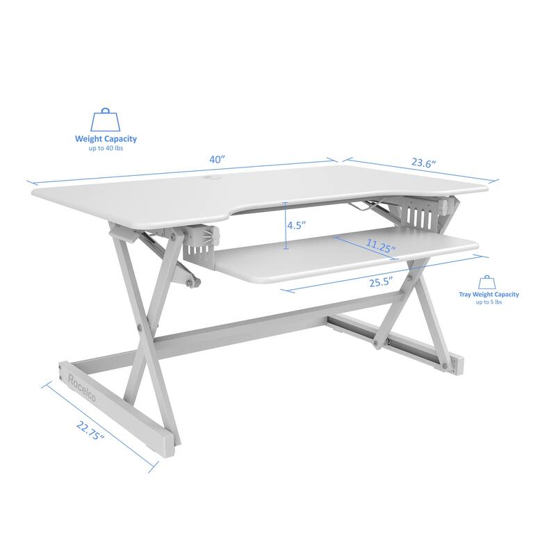 Rocelco 40 in. W White Height Adjustable Standing Desk Converter Dual Monitor Riser with Gas Spring Assist Mechanism