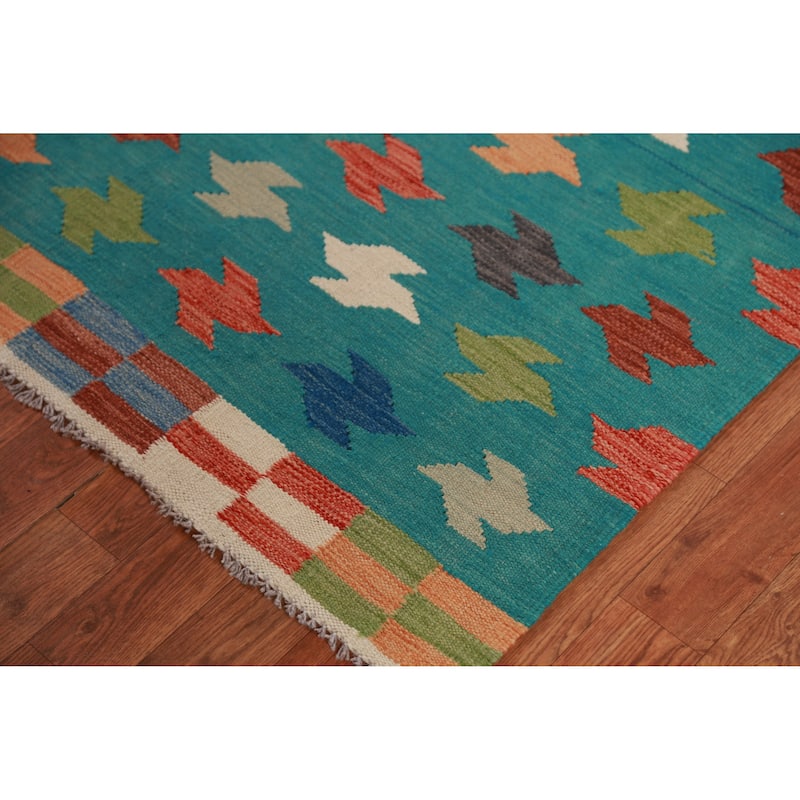 Hand Woven Oriental 100% Wool Carpet Southwestern All-Over Green Kilim Area Rug - 8' 2'' X 5' 7''