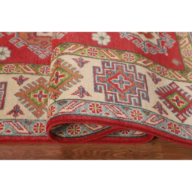 Geometric Kazak Area Rug Handmade Oriental Red Living Room Wool Carpet - 4'11" x 6'8"