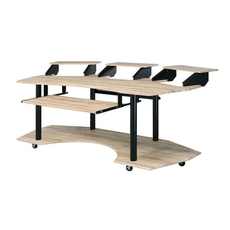 Wooden Desk with Metal Base and Open Compartments, Brown