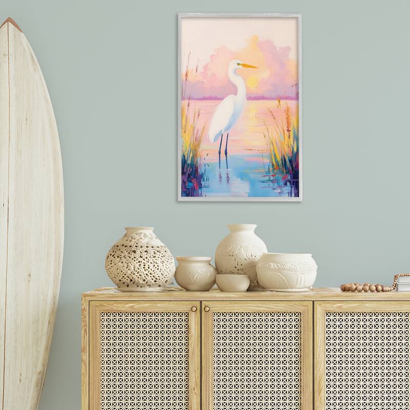 Stupell Egret under Beaming Sunset Framed Giclee Art Design By Arlington Prints