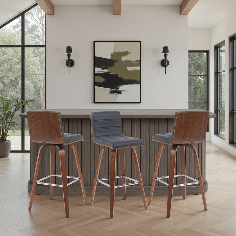 Skara Swivel Bar Stool, Upholstered Bar Height Chair with Bentwood Frame - Vintage Black Faux Leather & Walnut - Set of 3