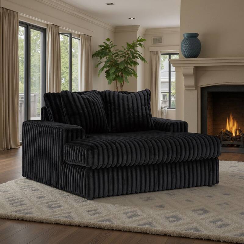 Addy Oversized Chaise, Black Jumbo Corduroy Fabric, 2 Pillows, 68 Inch