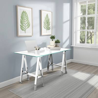 Ayd 71 Inch Office Desk, Clear Tempered Glass Top, Angled Chrome Steel Base
