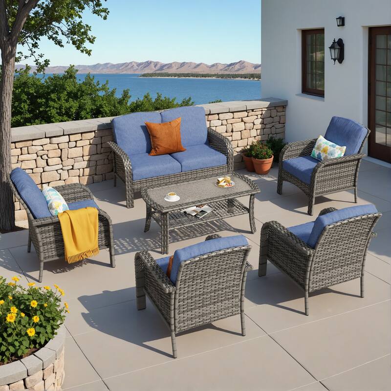 XIZZI 6-Piece Outdoor Wicker Patio Furniture Chairs Set - Denim Blue