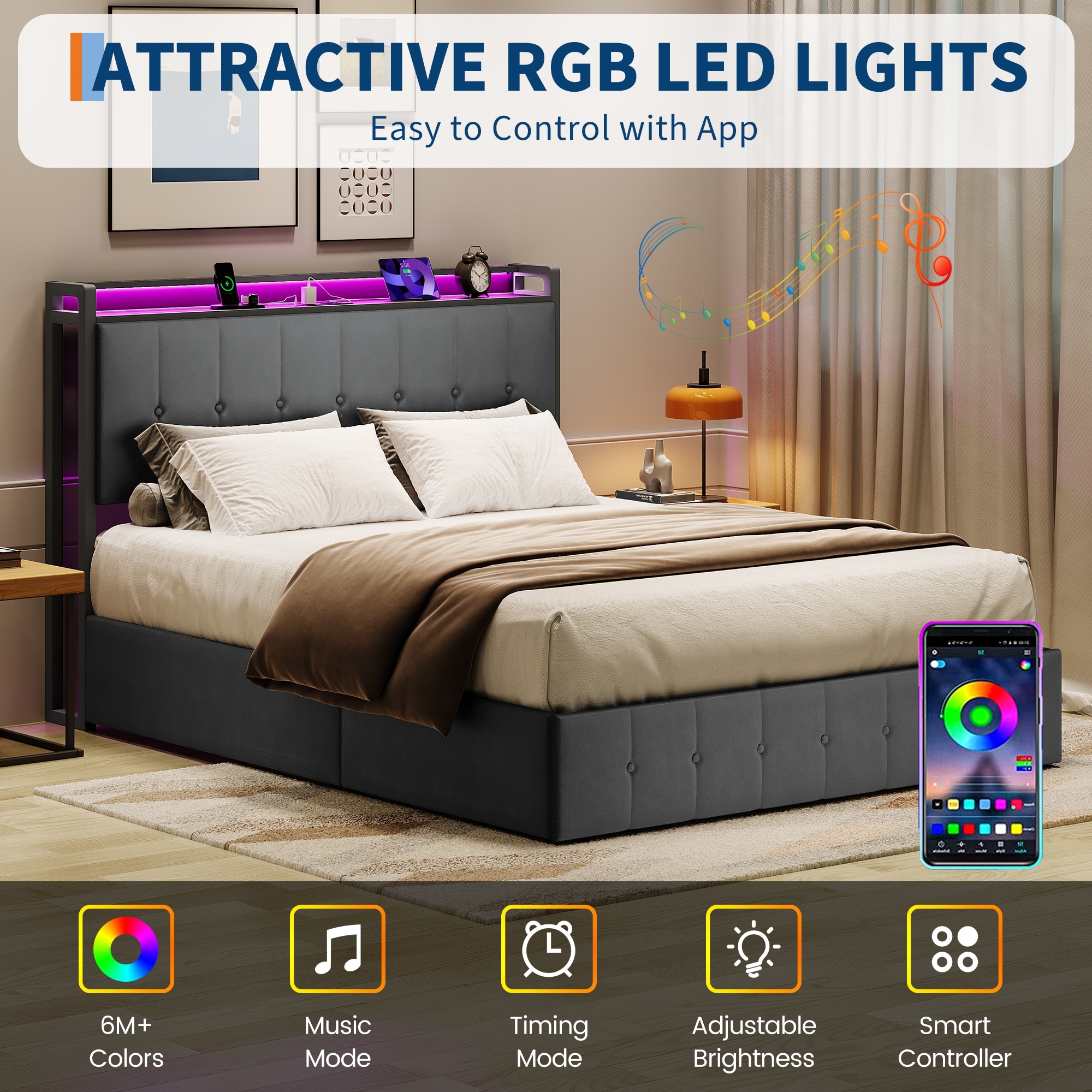 Bed Frame with Lift Up Storage, Upholstered Bed with Storage Headboard, Metal Platform Bed, Button Tufted Headboard