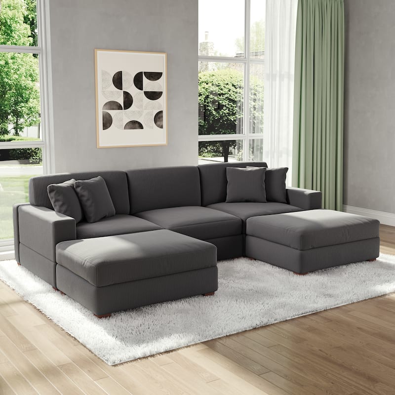 Modular Corduroy Sectional Sofa Set Chaise Couch with Ottoman