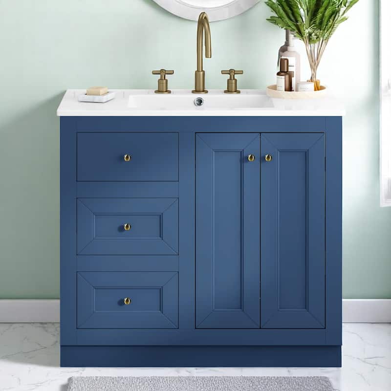 Modern 36 Inch Bathroom Vanity with Sink, Freestanding Solid Wood Cabinet with Drawers & Shelf, Blue - Blue