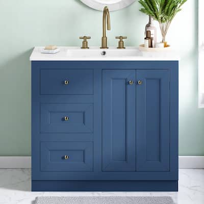 Modern 36 Inch Bathroom Vanity with Sink, Freestanding Solid Wood Cabinet with Drawers & Shelf, Blue