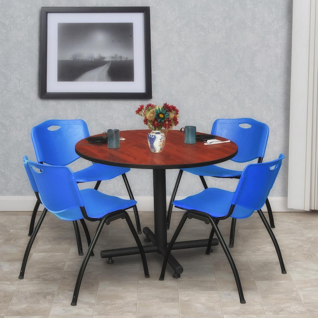 42 in. Round Breakroom Table- Cherry & 4 'M' Stack Chairs- Blue