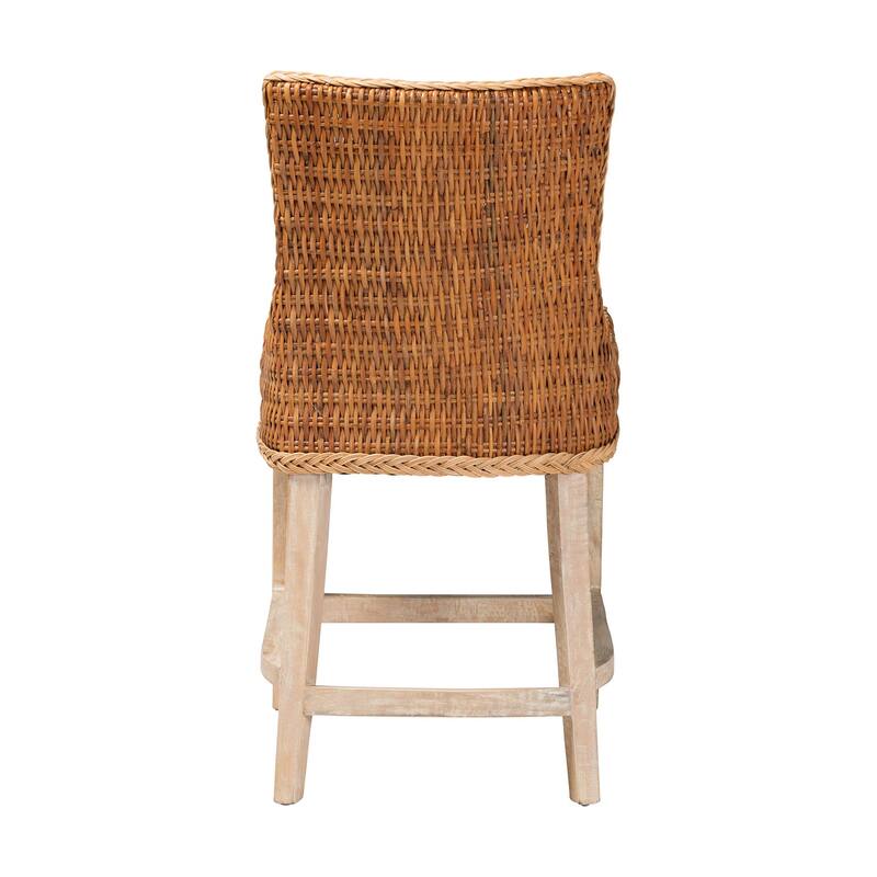 Derris Natural Rattan Counter Stool with Cushion - Tall Wingback Stool with Mango Wood Frame, Boho Coastal Style Seating