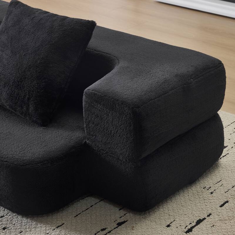 74.81" Faux Fur 3-in-1 3-Seater Floor Sofa, Converts to Bed with Memory Foam