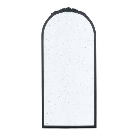 Eel 65 Inch Wall Mirror, Black Arched Wood Frame with Hand Carved Rose
