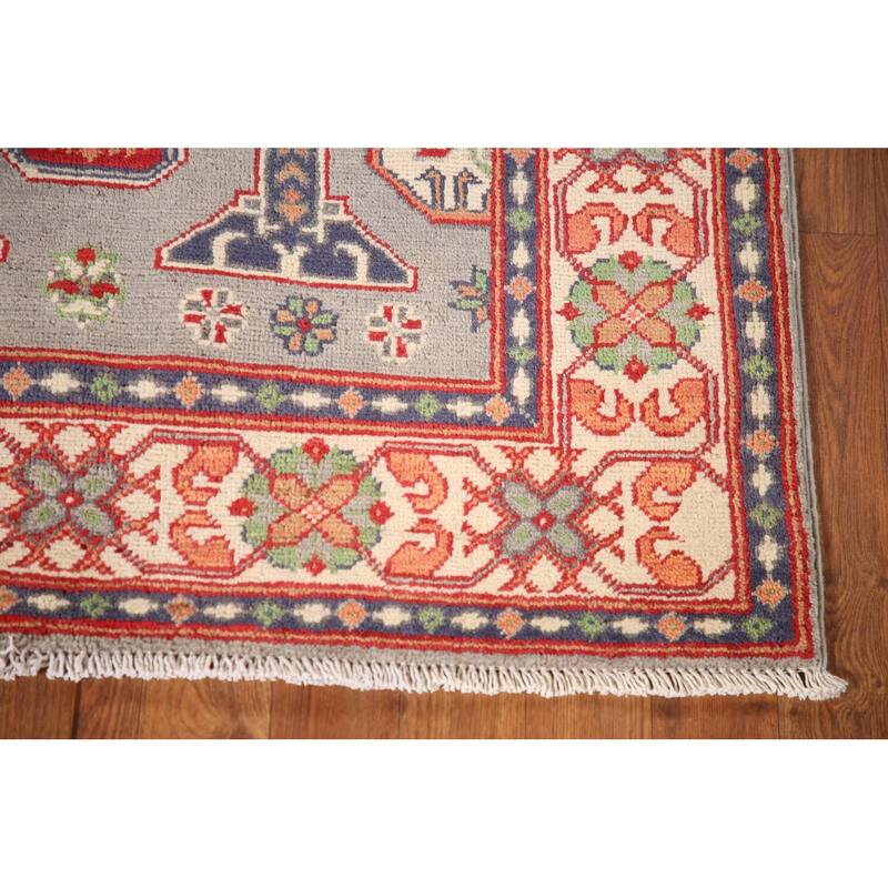 Geometric Kazak Rug Hand-Knotted Grey Wool Carpet - 3'3"x 4'10"