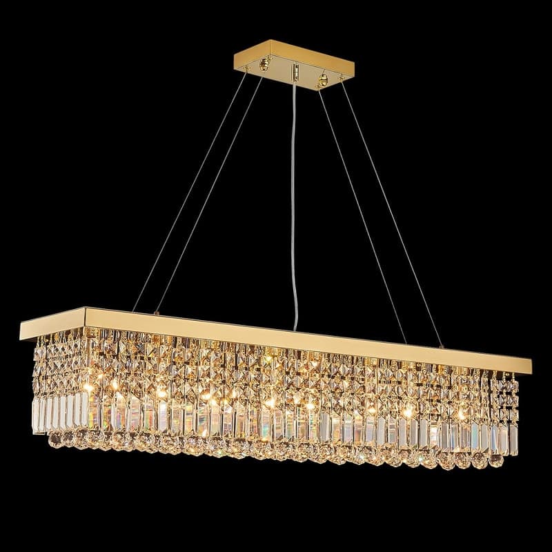 47 in. Rectangle Crystal Chandelier Modern Gold Crystal Chandelier Pendant Light Fixture for Dining Room Kitchen Island Bedroom