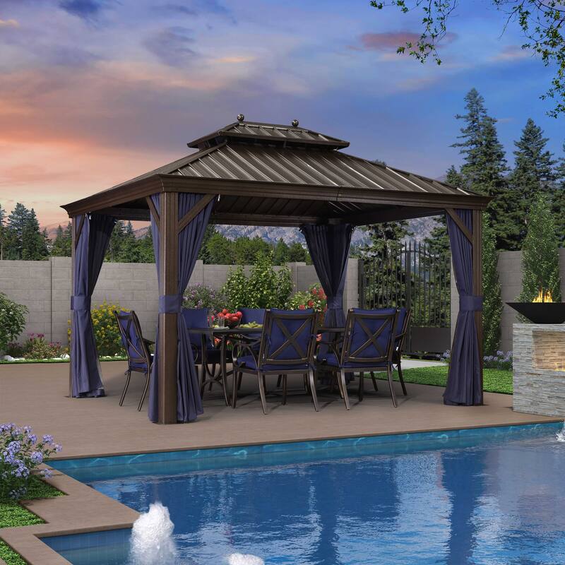 PURPLE LEAF Outdoor Hardtop Gazebo with Bronze Aluminum Frame Galvanized Steel Roof - 10ft x 12ft - Navy