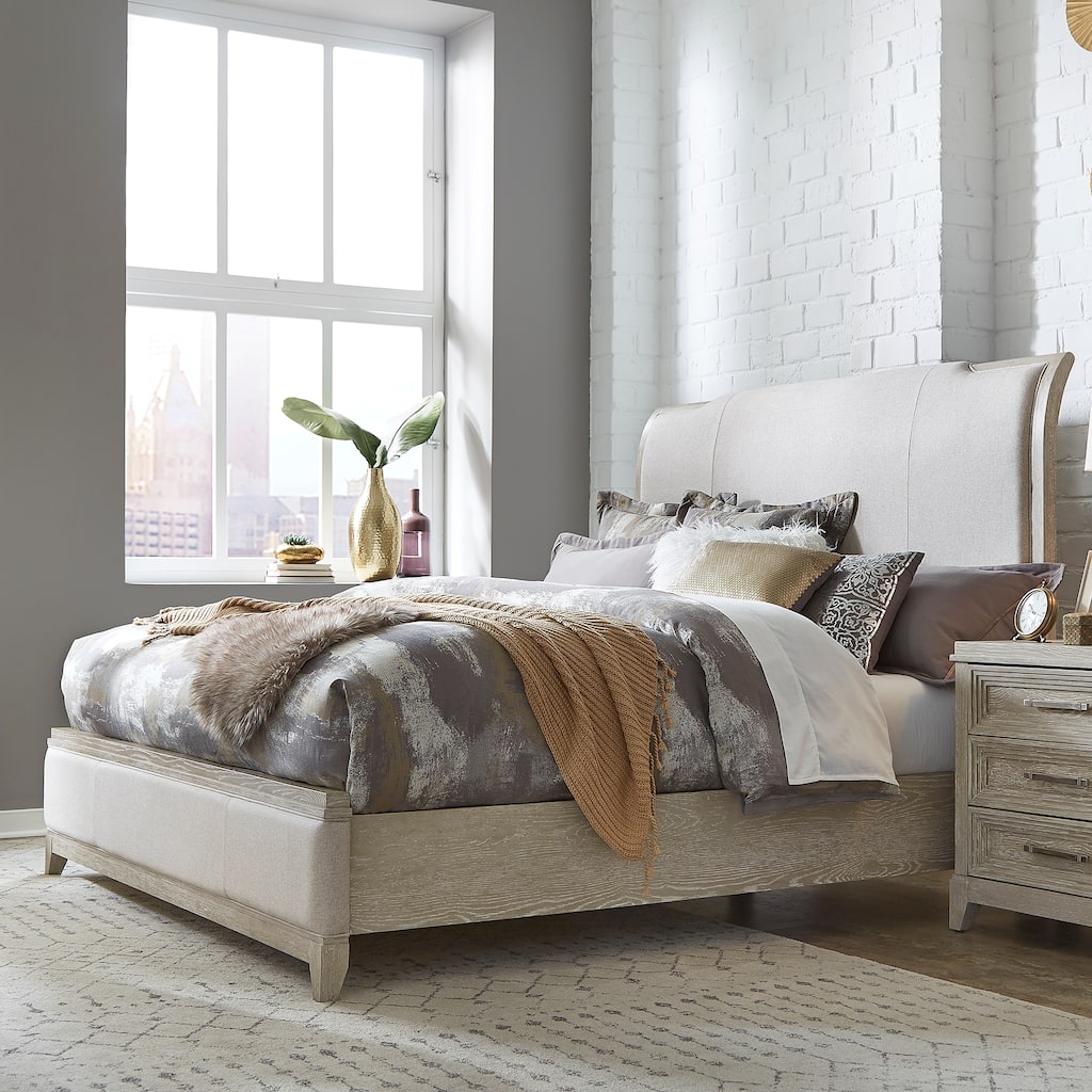 Belmar Washed Taupe & Silver Champagne King California Upholstered Bed