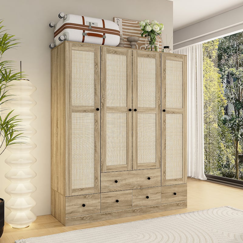 Rattan-Accented Wardrobe - Spacious Clothing Organizer with Style