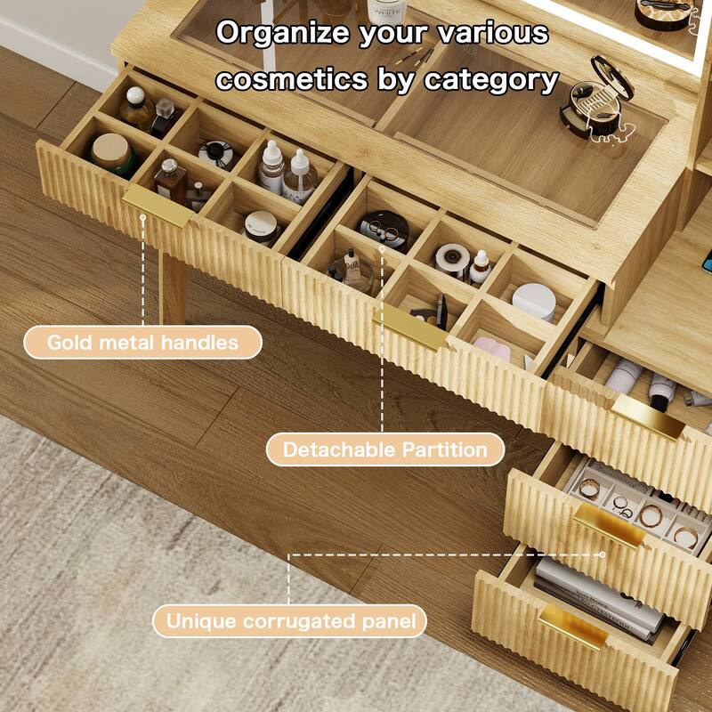 50" Makeup Vanity with 36" Lighted Mirror, 4 Dressers & Charging Station & 3 Light Modes