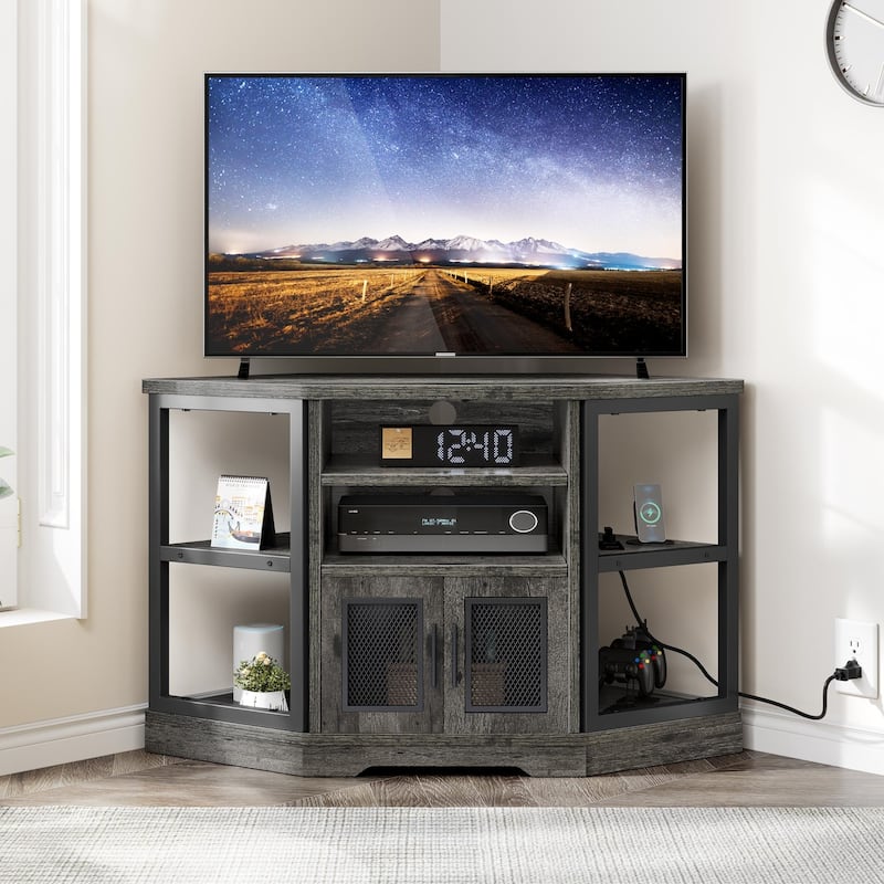 Farmhouse Corner TV Stand Entertainment Center Media Console for TVs up to 55" with Power Outlet - Charcoal Grey