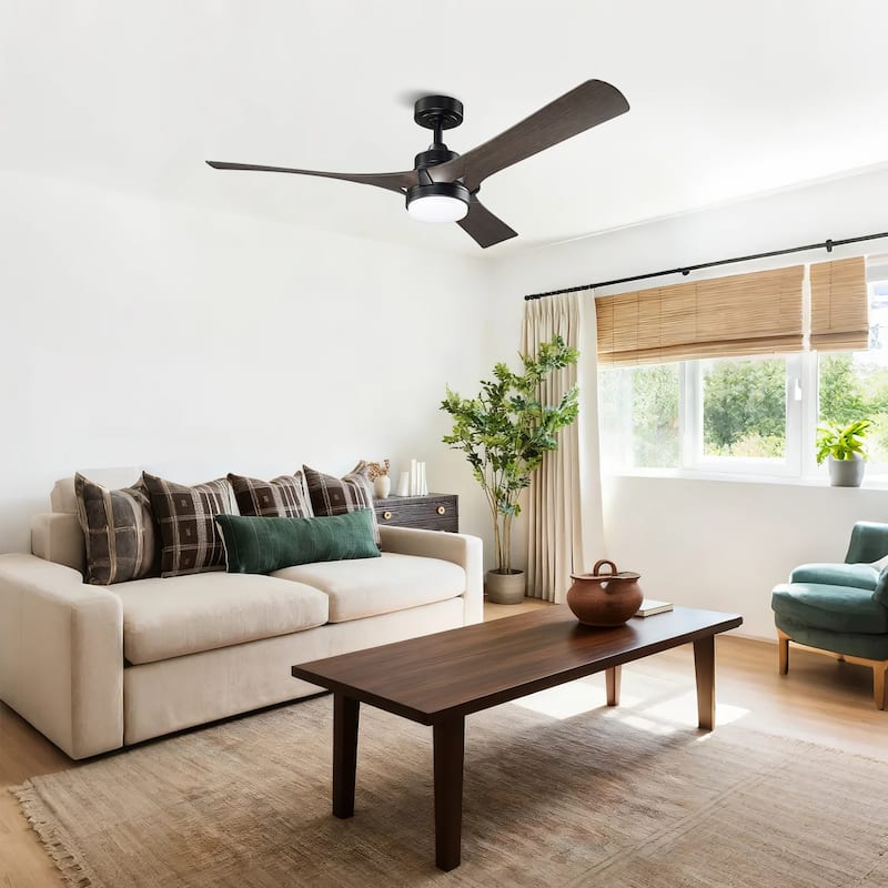 52" Modern Dark Walnut Dimmable LED Propeller Ceiling Fan with Light and Remote