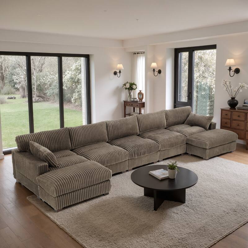 Plush Cotton Flannel Modular Sectional Sofa with 2 Ottomans