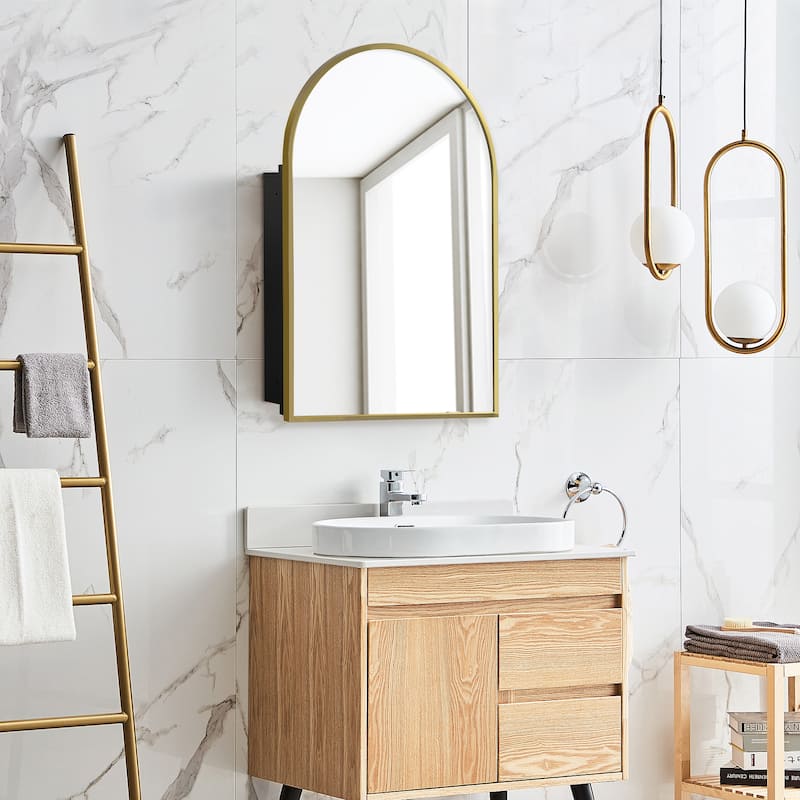 Iron Gold Round Corner Arched Mirror Cabinet