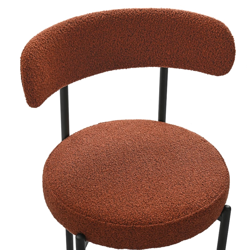 Modern Round Upholstered Boucle Dining Chairs Set of 2, Curved Backrest and black metal spray-painted legs