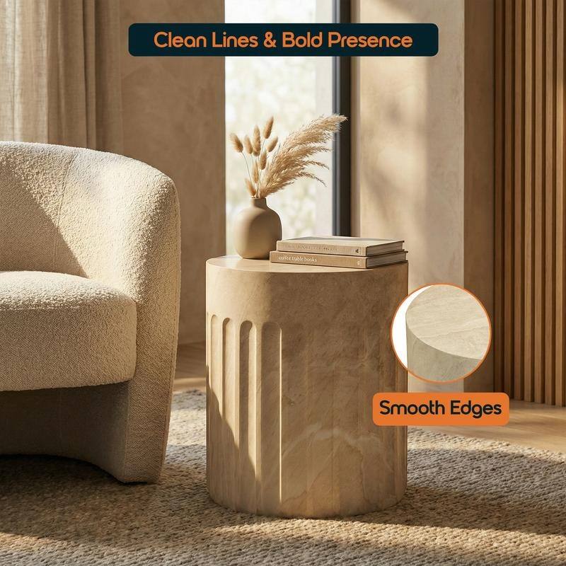 Zenvio Modern Cylindical Marble Side Table with Accent Painted Finish and Vertical Grooves for Living Room, Bedroom or Patio