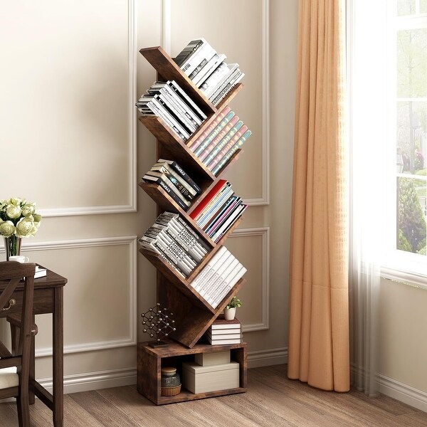 8 Tier Tree Wooden Tall Book Shelf,Bookshelf with Storage - On