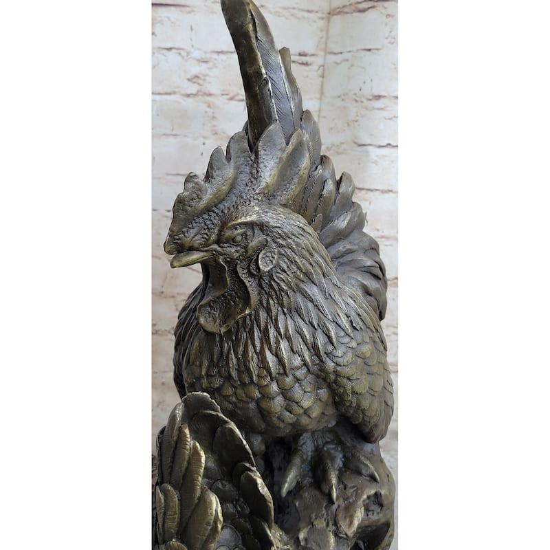 Two Roosters Chickens Bronze Metal Statue Sculpture Figure On Marble Base