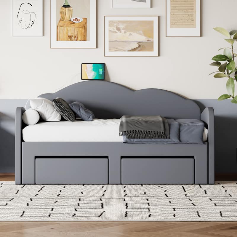 Twin Size Upholstered Daybed with Cloud-Shaped Backrest, Trundle, 2 Drawers, and USB Ports, Gray