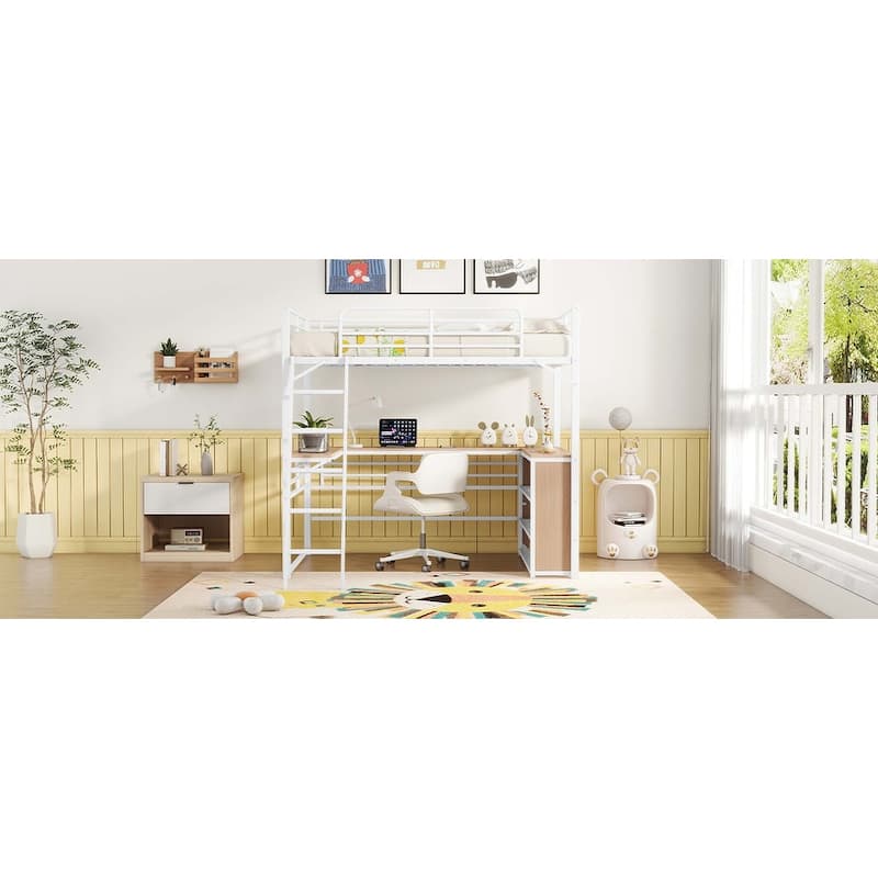 Metal Loft Bed with 3 Layers of Shelves and L-shaped Desk