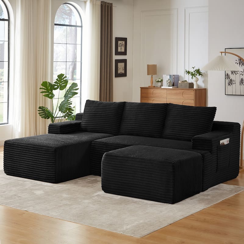 Corduroy Upholstery Cloud Modular Sectional Sofa with Chaise and Pillows, All-Foam Compression Design