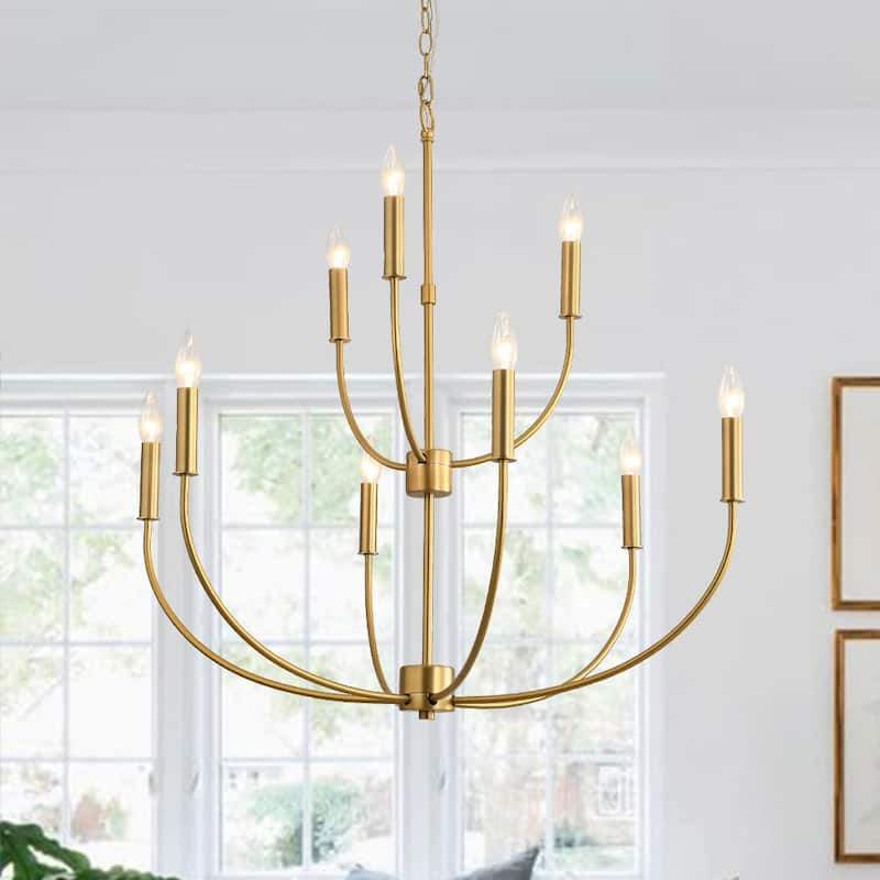 Modern Farmhouse 9-Light Candle Style Tiered Entryway Chandelier - 32.3 in - Brushed Brass