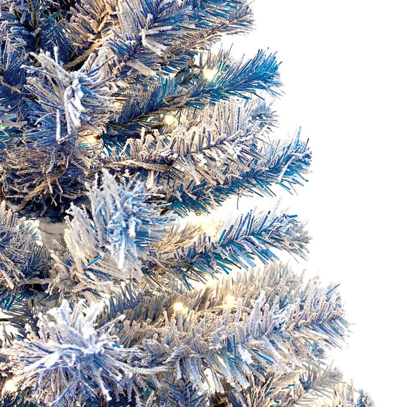 Snow Flocked 6FT Pre-Lit Artificial Christmas Tree with 750 Bendable Branch Tips and LED Lights, Unique Blue Xmas Tree