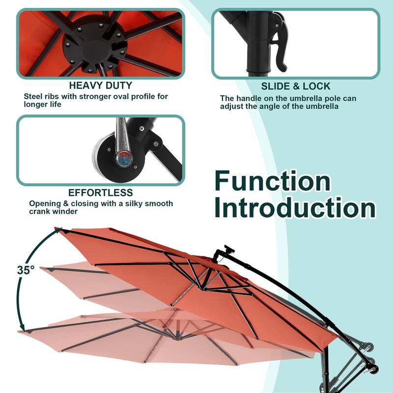 HOMEFUN 10ft Solar LED Offset Hanging Market Patio Umbrella