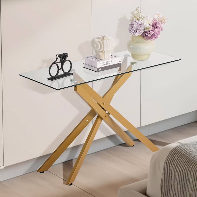 Modern Glass Coffee Table with Iron Cross-Legs for Living Room - 45 x 18 x 30 in
