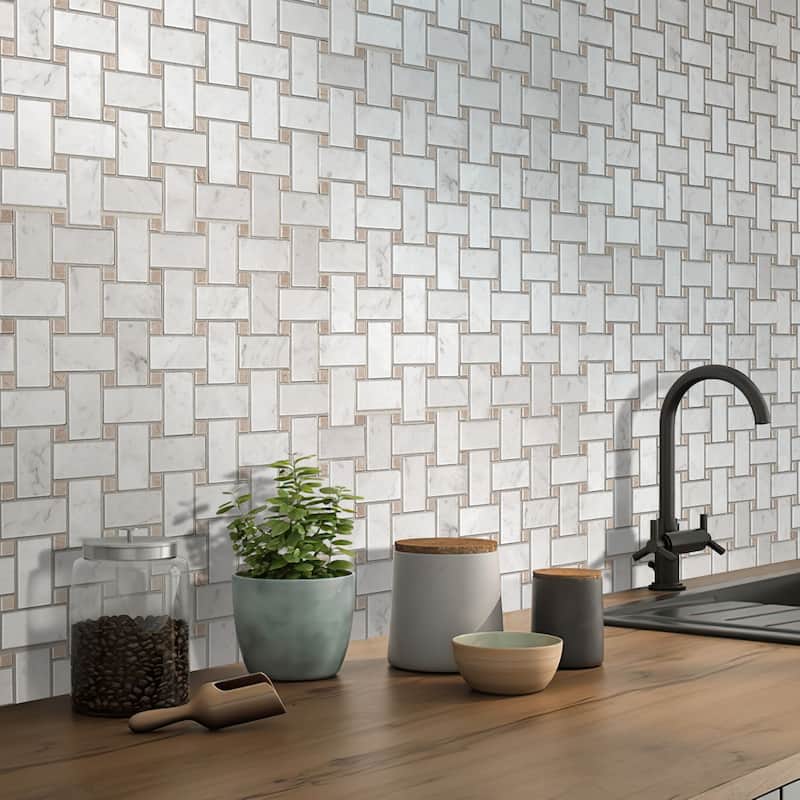 Apollo tile 12 x 12 Heritage Polished White Bianco Carrara, Eastern Beige Marble Tile (5 sq ft/case) - 5 Pack