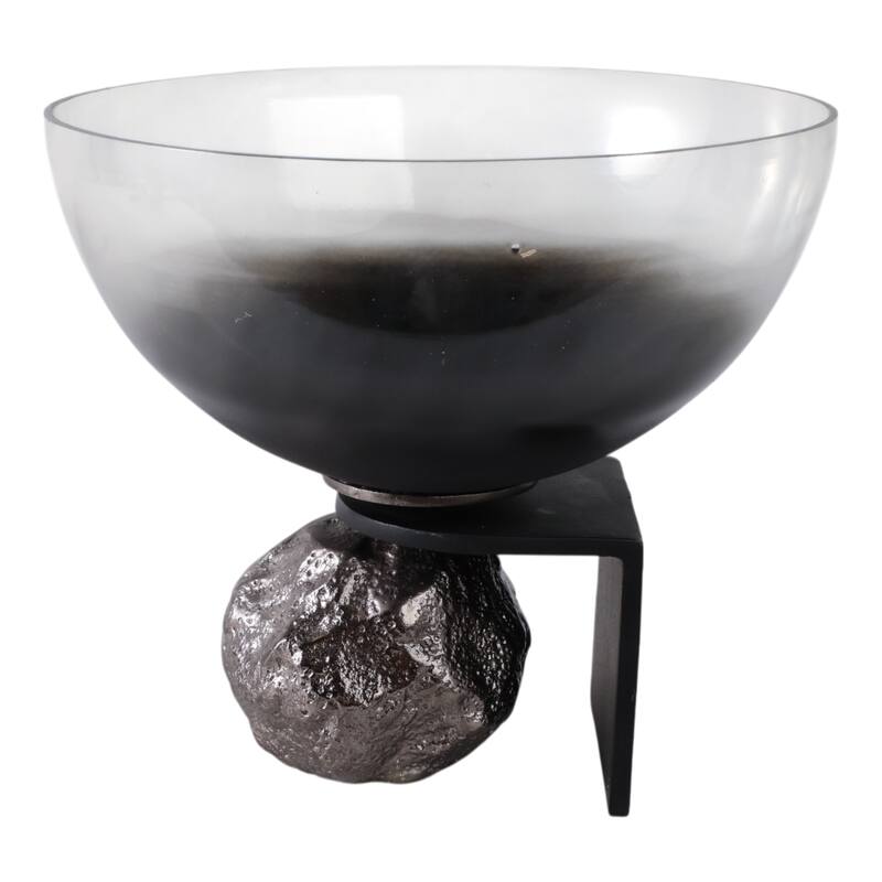 Glass Decorative Bowl with Textured Metal Base and Modern Glam Design - 11" x 11" x 10"