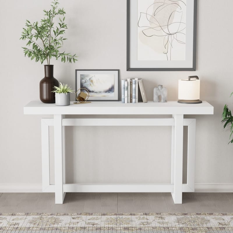 Modern Console Table Sofa Table with Concrete Top, 59'' Long Accent Entryway Table - White