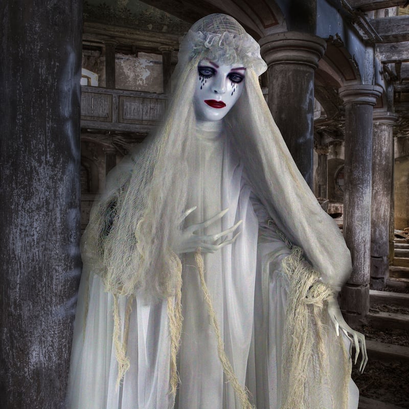 Haunted Hill Farm Life-Size Animatronic Ghost Bride with Lights and Sound, Indoor or Covered Outdoor Halloween Decoration